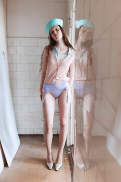 Fashion portrait of gorgeous model in trendy outfit
