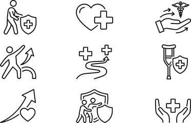 Obraz premium A comprehensive set of medical and health insurance outline icons representing care and protection