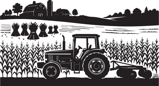 Modern tractor working in cornfield with distant farm buildings vector silhouette landscape scene.
