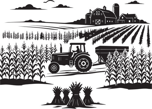 Tractor driver pulling cart in cornfield with distant farmhouse vector silhouette farm landscape.