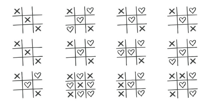 Set of tic tac toe games with hand drawn cross and heart shapes on a grid pattern for romantic play concept