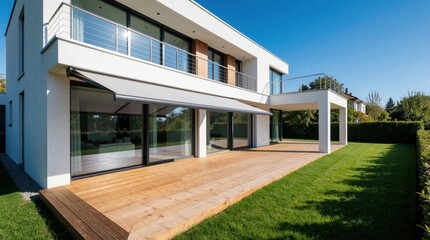Obraz premium Modern white house features wooden deck and retractable awning. Large glass windows reflect sunny green garden. Contemporary home design exterior with clean lines and balcony.