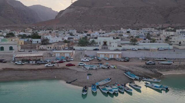 Aerial view of fishing boats in Sur, Oman.
