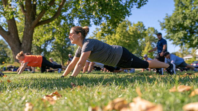 Wide view of a crowded outdoor boot camp class in a city park at early morning, groups doing burpees on dewy grass, group fitness session, community workout, personal trainer instruction, outdoor ex