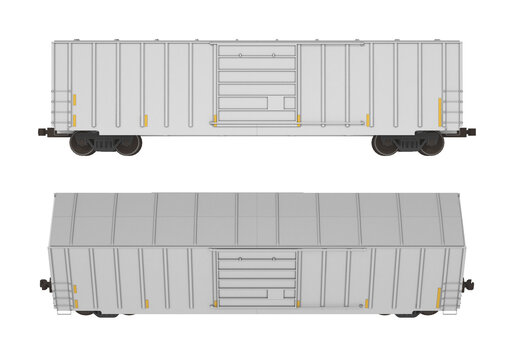 White railway boxcar cargo freight train wagon orthographic side and top view presentation, isolated 3d rendering