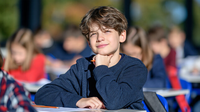 A Polish boy squints at a whiteboard math problem during a quiet classroom test, pencil tapping chin in concentration, autumn afternoon sun slanting across rows of focused pupils, elementary mathema