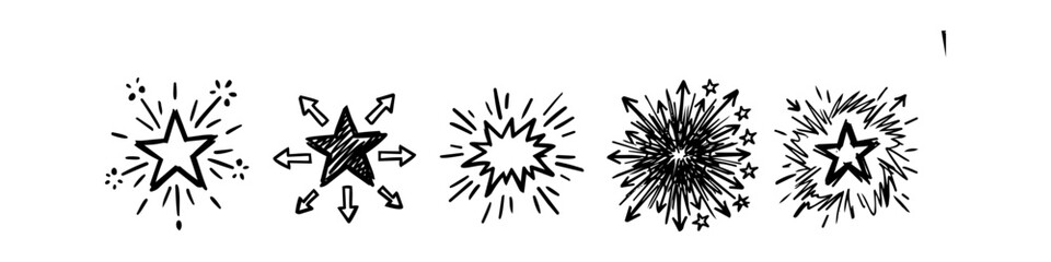 Fototapeta premium Hand drawn starburst explosion and firework doodle icons set. Black and white sketched comic bursts, blast effects, and sparkling stars isolated on white background.