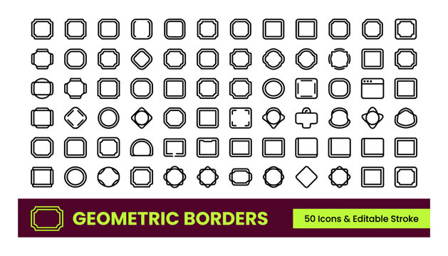 Set of 60 geometric borders and frames with editable stroke for graphic design