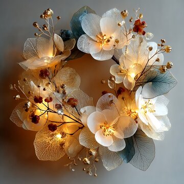Elegant Floral Wreath with Warm Glowing Lights