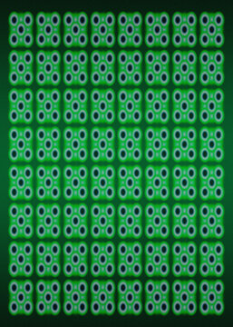 Forest Green and Bright Neon Green Repeat Motif Pattern with Heavy Grain, Abstract Circuit Board Matrix and Glowing Techno Grid Surface Background