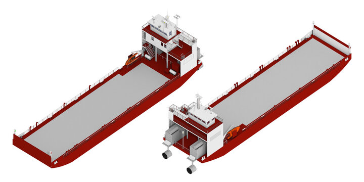 Isometric 3d rendering model of red commercial landing craft deck cargo workboat vessel from front and rear views.