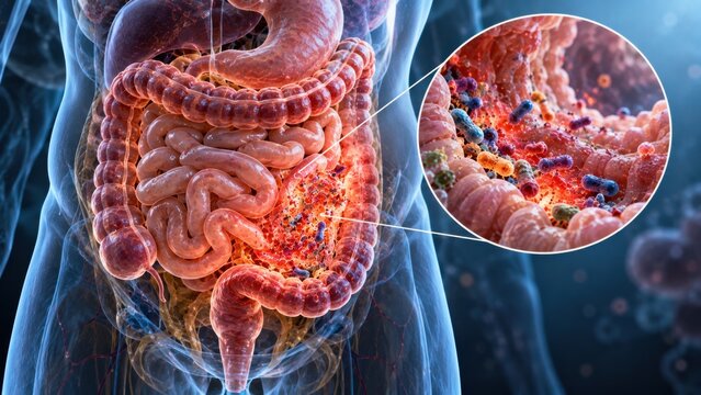 Human intestines with highlighted areas of infection and microscopic view of gut microbiome.