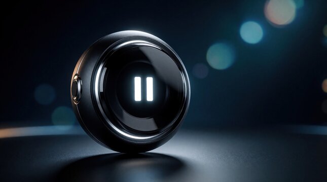 Futuristic black pause button glows on dark background. This digital media control element signifies interruption or standby for audio or video playback.