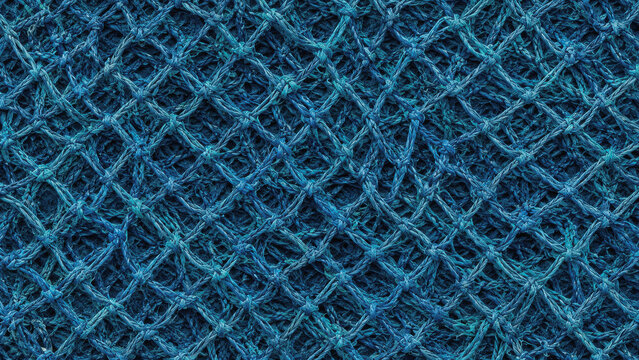 Fishing net texture close up of blue recycled material with knotted diamond mesh pattern