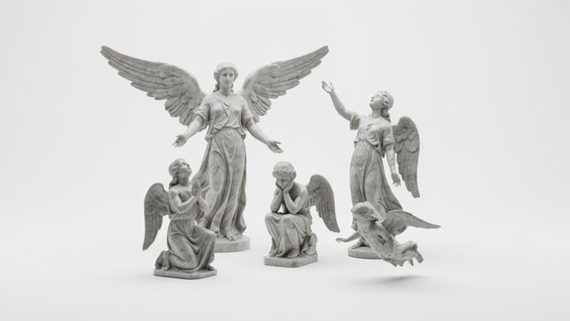 Classical stone angel statues collection, set of five grey marble cherub sculptures, religious cemetery monuments on white background