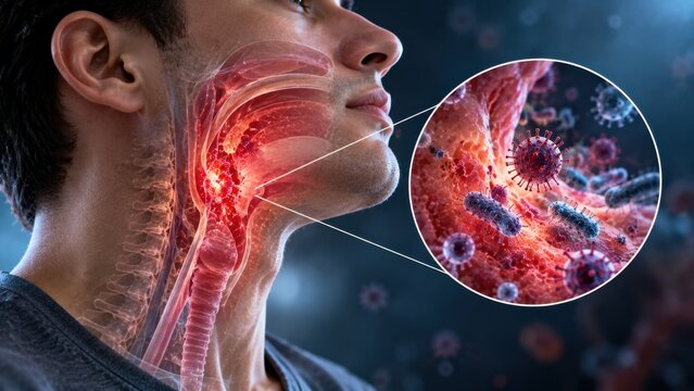Human throat anatomy illustration highlights viral infection with microscopic view of pathogens and bacteria.