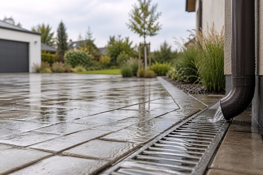 Rainwater flows from downpipe into metal channel drain on wet paved driveway. Modern house backyard with garden after heavy rain.