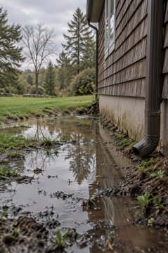 Rainwater draining from downspout pipe near house wall creates large muddy puddle on lawn. Wet backyard with wooden siding and green grass after heavy rain.