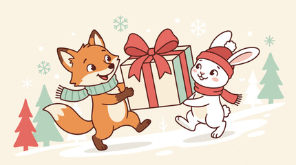 Fototapeta premium Festive fox and rabbit with a christmas gift