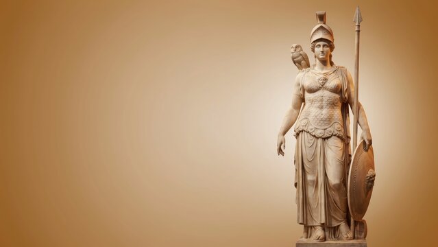 Ancient Greek Athena statue with spear and shield, marble goddess sculpture on warm sepia background, classical mythology monument for history education