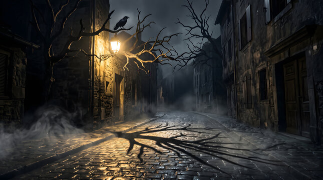 A hauntingly beautiful halloween night scene with a ghostly figure illuminated by a flickering gas lamp