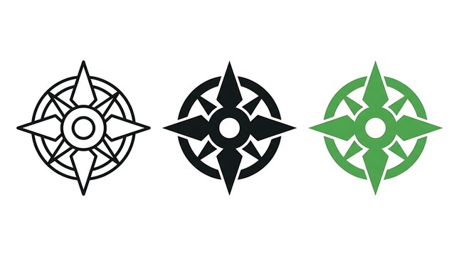 Three different styles of compass rose icons featuring a simple line art version a solid black silhouette design and a modern green graphic element for navigation and travel projects