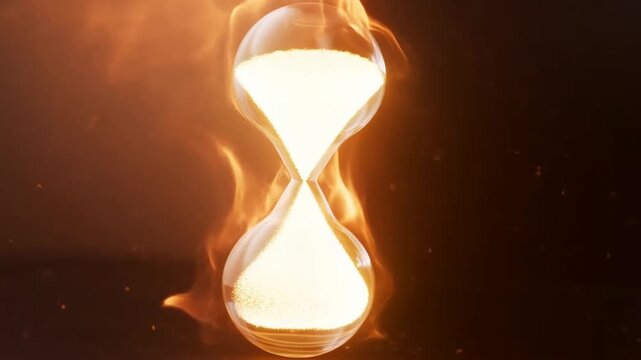 Slow motion hourglass sand flowing with surrounding flame effects on dark studio backdrop symbolizing time passage and glowing embers
