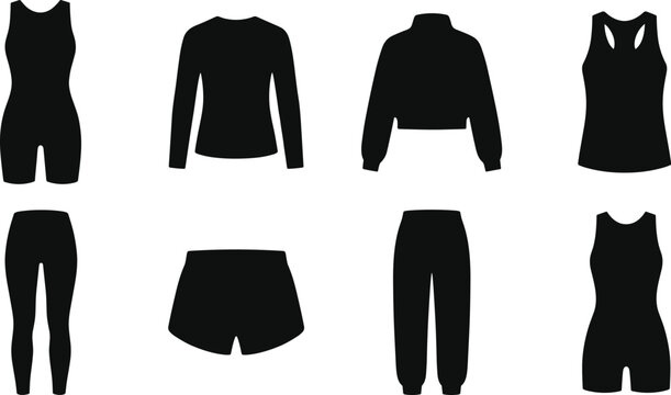Women activewear and sportswear black silhouette vector set featuring leggings, tank top, shorts, and bodysuit