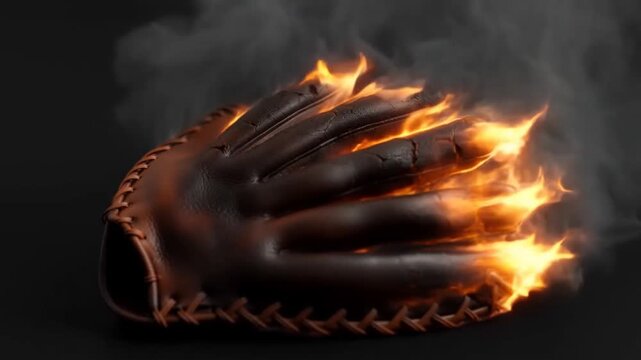 Slow motion burning baseball glove with flames and smoke on dark studio background closeup tracking shot of leather mitt igniting and smoldering
