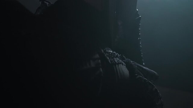 Pole dancer performing on a dark stage show.