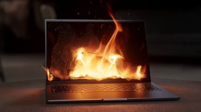 Tracking shot of laptop screen engulfed in flames burning on tabletop indoors in living room with sparks and glowing keyboard reflection