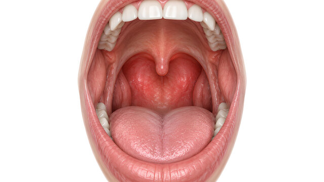 Pharyngitis inflammation and swelling in human pharynx, photorealistic medical education image with anatomically detailed throat anatomy and clean copy space for healthcare and patient communication