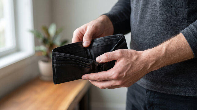 Empty wallet in hands representing financial hardship and budgeting challenges
