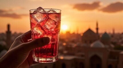 Obraz premium Person holds tall glass with red iced drink. Cityscape with mosques and buildings glows during warm orange sunset. Beverage offers cool refreshment.