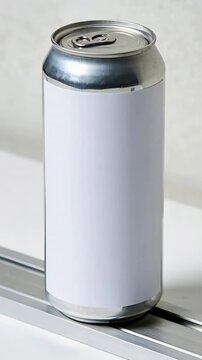 Vertical video: Zooming camera revealing tall slim can on rail at studio table, showing blank label