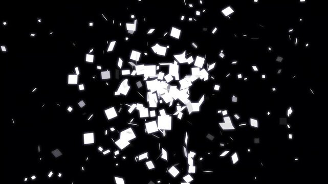 Explosive white confetti particles burst animation, geometric square particle explosion transition, festive party celebration overlay on black screen, 4k video.