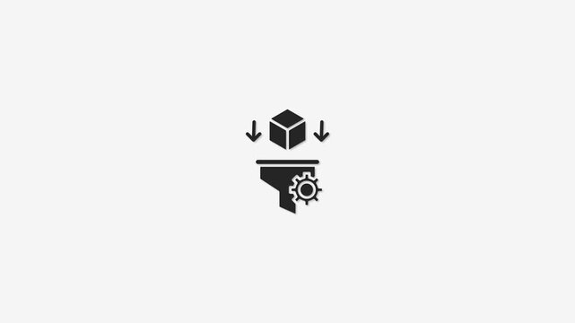 Cube processing through funnel with gear icon, industrial automation concept, digital animation.