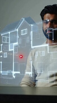 Vertical video: Markers pulsing, man in sweater watching plan at desk, tracking path, copy space