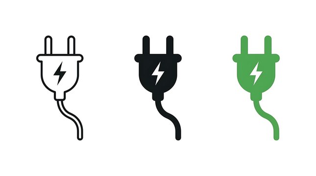 Set of three electric plug icons with lightning bolt symbols representing power energy and electricity in thin outline solid black and green color styles for modern digital design projects