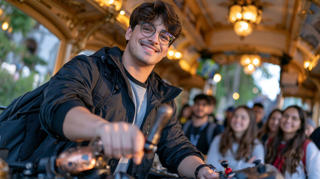 Cable car operator demonstrating grip-brake technique to a trainee inside a gilded heritage car interior with luxury wooden fittings as a crowd of fascinated observers watches and the copper-patina 