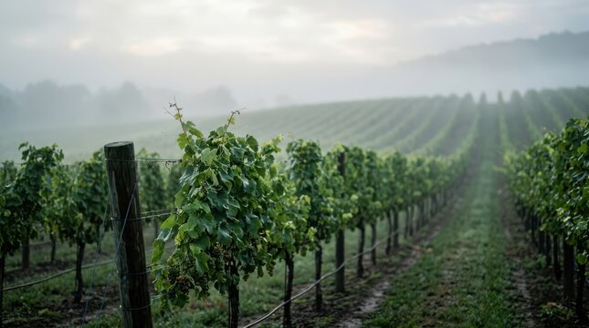 Misty vineyard rows with green grapevines under cloudy sky