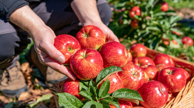 Close up of weathered hands crouching low to examine freshly picked apples spilling from a wooden basket onto a quiet rural orchard floor, sweat visible on the brow, fallen leaves pressed under worn