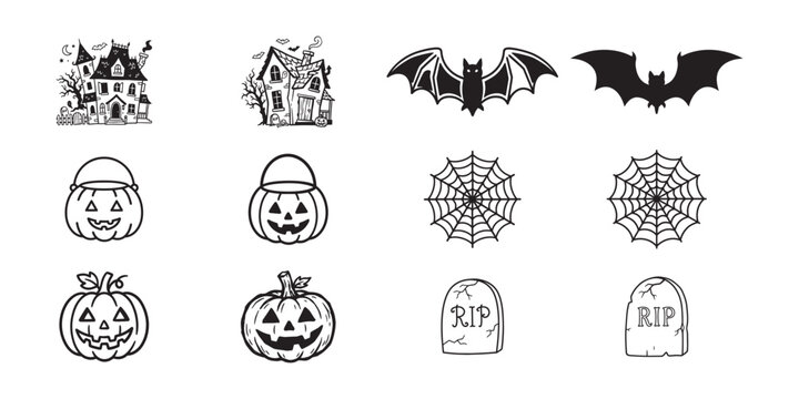 Halloween Black and White Line Art Icons Set &ndash; Haunted Houses, Bats, Jack-o'-Lanterns, Spider Webs & Tombstones