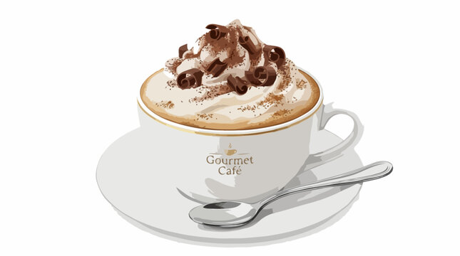 A delicious cup of cappuccino with whipped cream and chocolate shavings, served with a spoon on a saucer