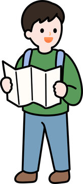 Man reading unfolded paper map vector illustration, male tourist character icon