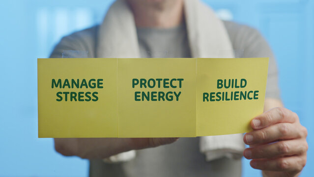 Person holding a folded yellow paper card displaying key concepts for mental health and wellness, including managing stress, protecting energy, and building resilience, on a blue background