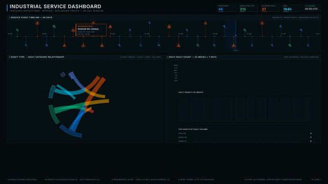 An advanced industrial service dashboard visualizing inspections, repairs, and recurring faults with a dark-mode design and interactive data elements for analysis and monitoring.