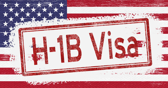 Red distressed H-1B stamp on an American flag for employment visa