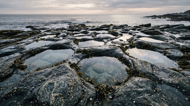 Rocky coastline with tide pools reflecting the ocean and cloudy sky above