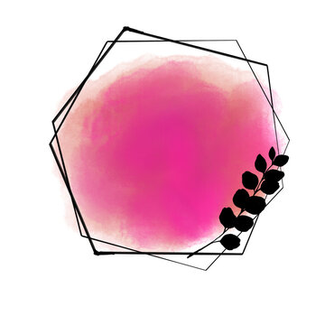 Dark botanical foliage silhouette on pink watercolor circle with geometric wire frame